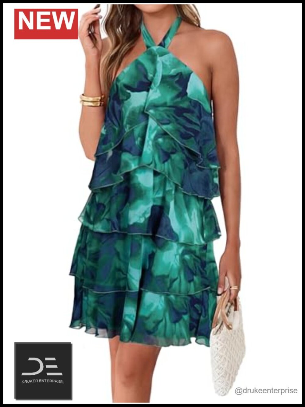 Floral Chiffon Mini Dress Halter Sleeveless Ruffle Tiered Boho Beach Vacation